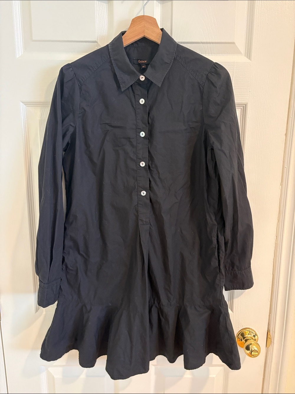 Quince Black Long-Sleeve Button Shirt Dress with Ruffle Hem